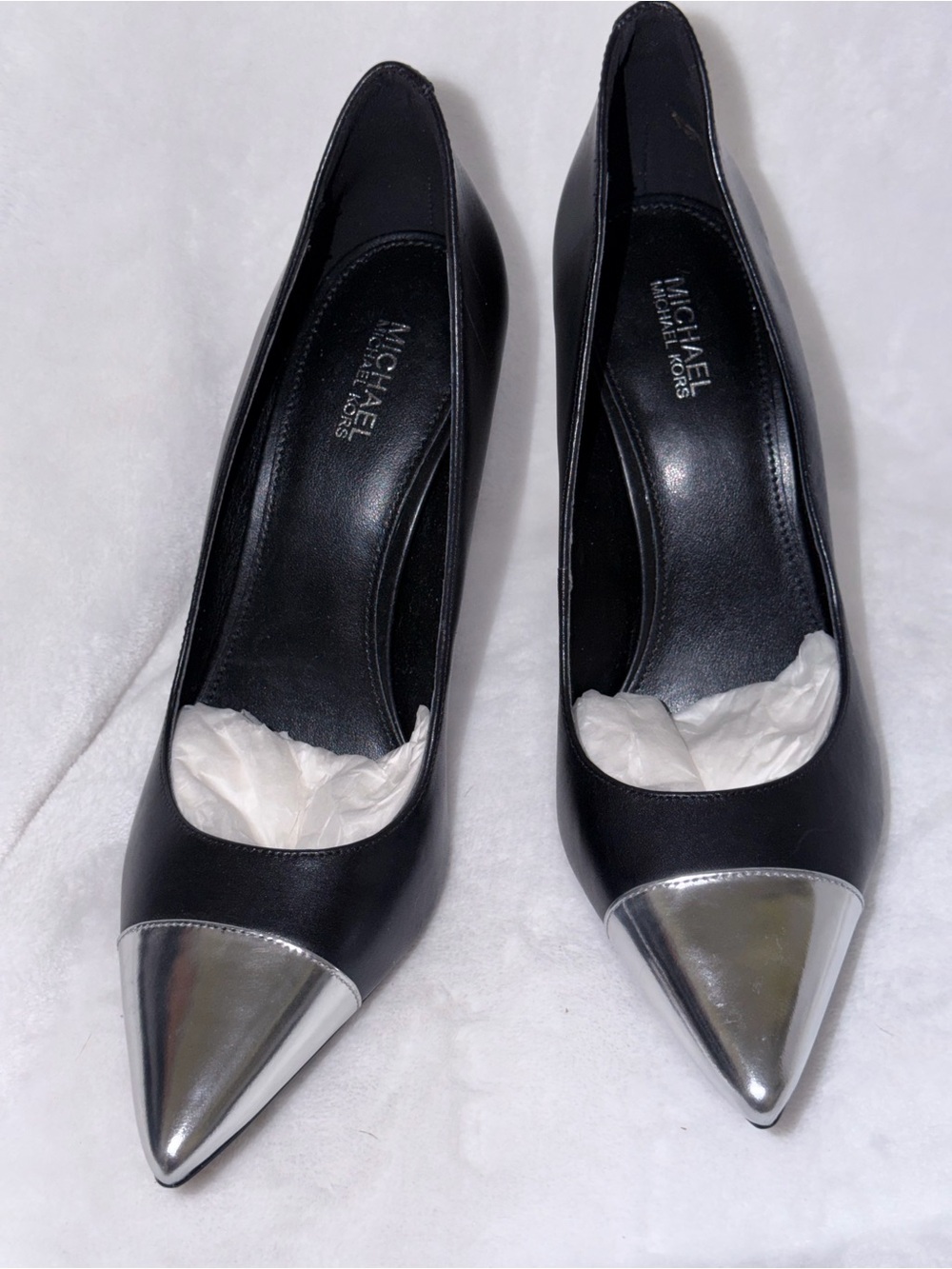 Michael Kors Black Leather Pointed Toe Pumps with Silver Cap